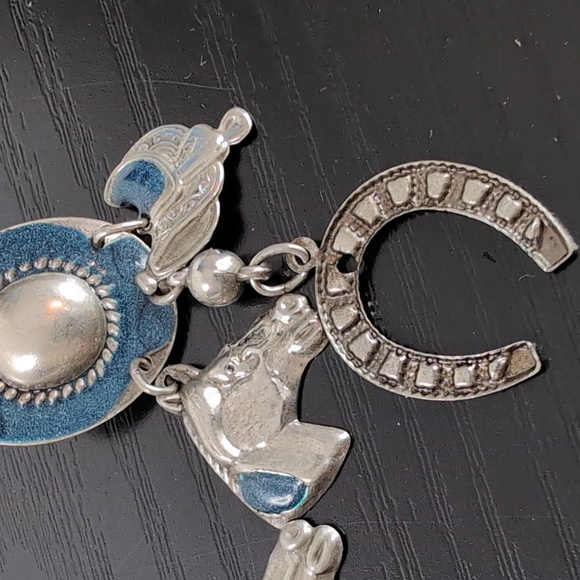 Blue and Silver Western Cowboy Hat Earrings With Charms Horse Earrings Dangling - Picture 2 of 11